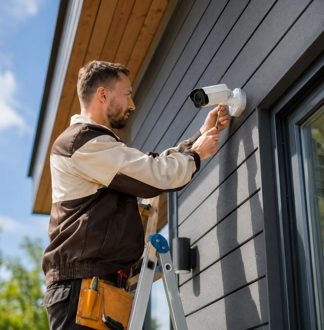 Outdoor security camera mounted on a wall